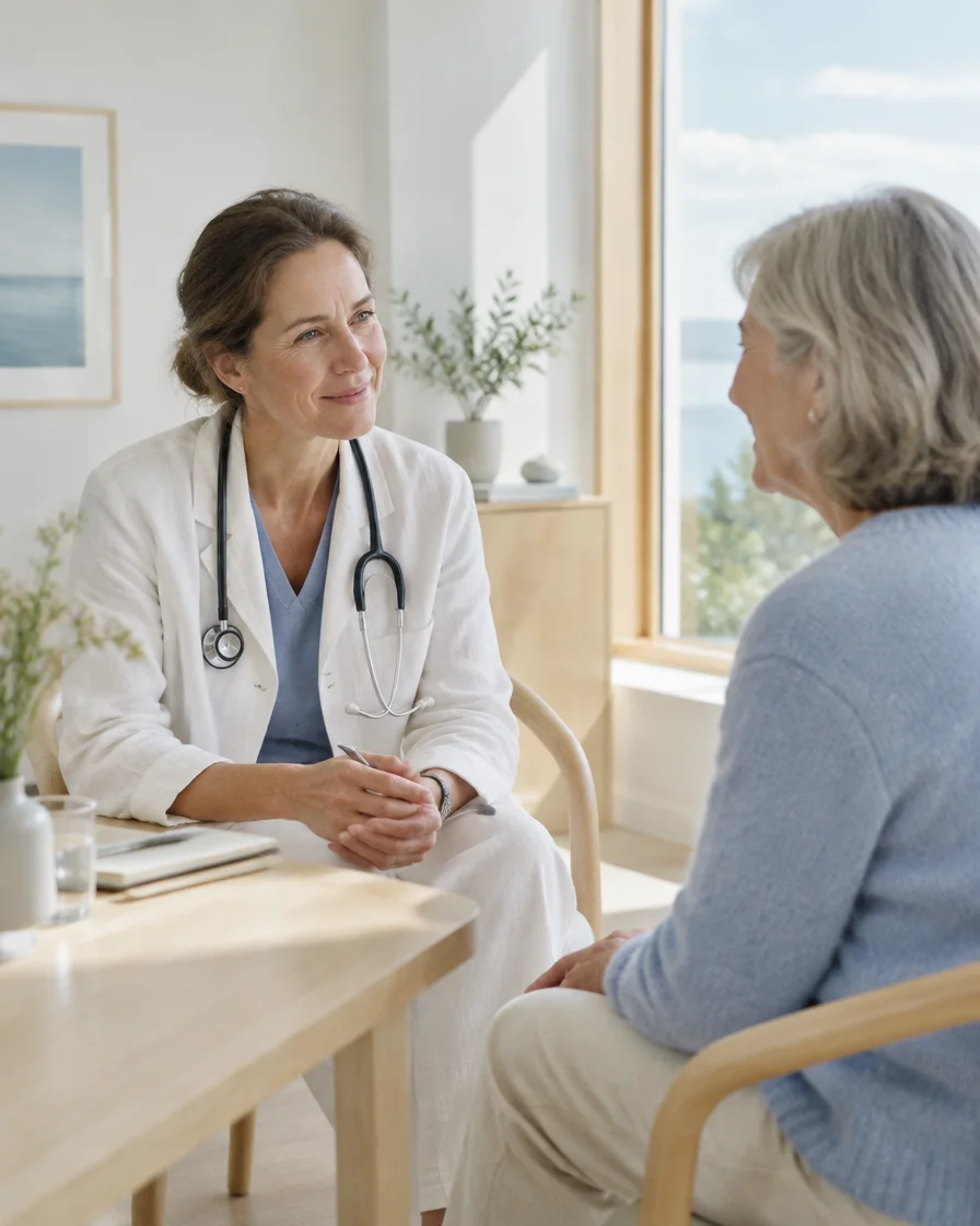 Eine Ärztin im Gespräch mit einer Patientin in einem hellen Behandlungsraum